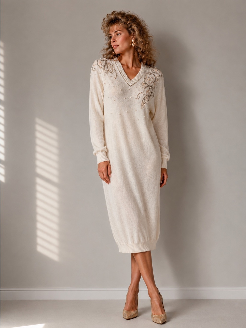 Vintage Darian Embellished Sweater Dress Pearl Sequin Knit Ivory L
